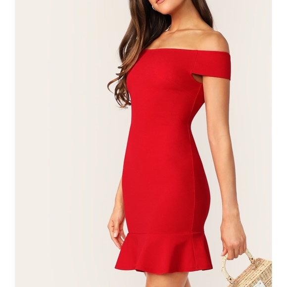MBM Unlimited Dresses & Skirts - Red Off the Shoulder Ruffle Hem Bodycon Mini Dress